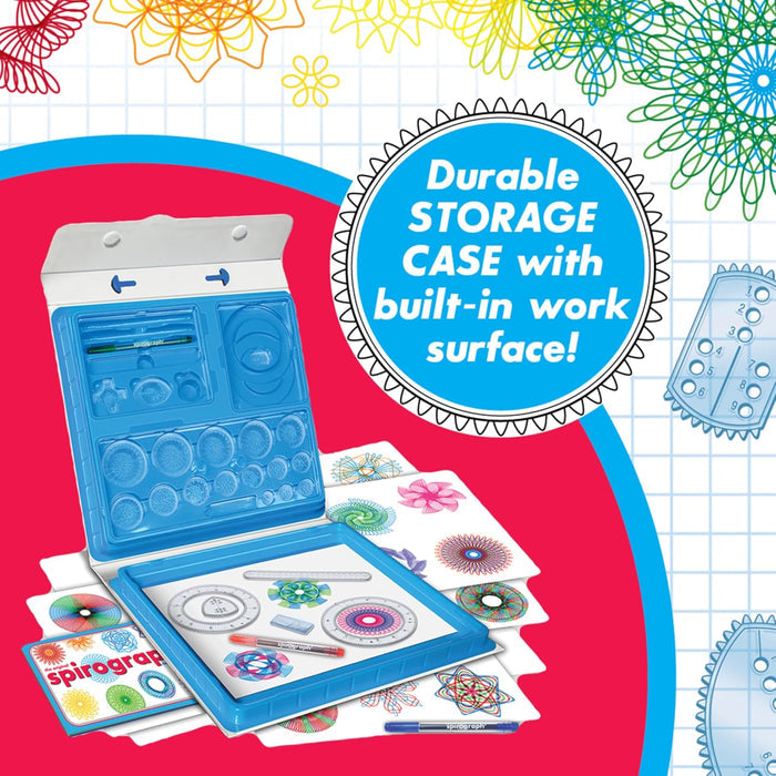 Spirograph design set with storage case on a colorful background