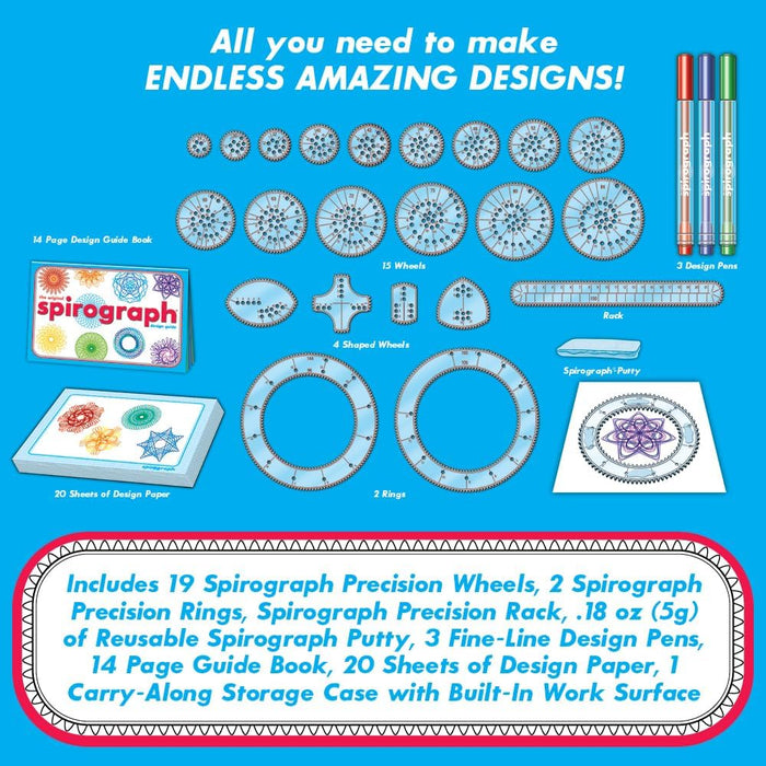 Spirograph set with tools and components on a blue background