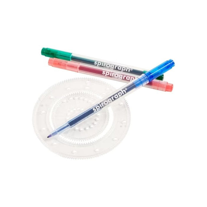 Colored pens and Spirograph disc on a white background
