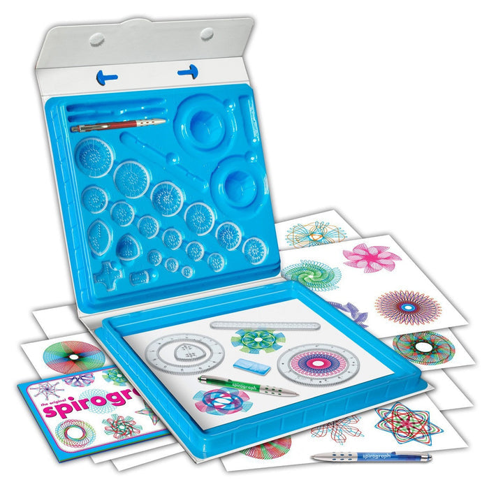 Contents of Spirograph Box opened on a white background
