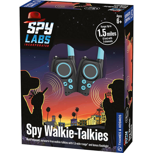 Box packaging for Spy Labs Spy Walkie-Talkies with images of the two-way radio transceivers and a cityscape at sunset.