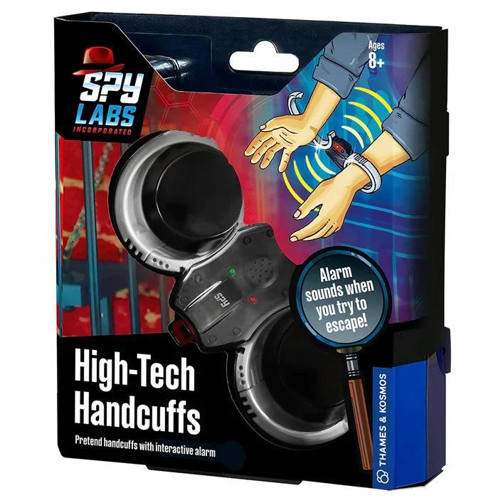 Spy Labs High-Tech Handcuffs packaging with toy handcuffs and alarm feature illustration.