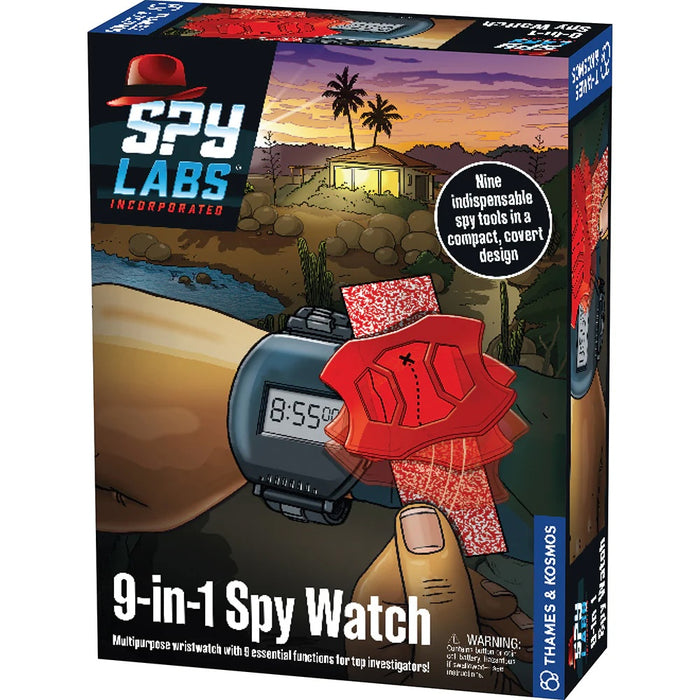 Box packaging for Spy Labs Spy Walkie-Talkies with images of the two-way radio transceivers and a cityscape at sunset.