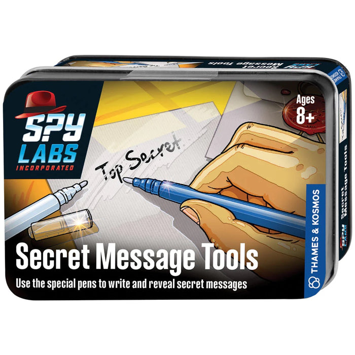 Box packaging for Spy Labs Spy Walkie-Talkies with images of the two-way radio transceivers and a cityscape at sunset.