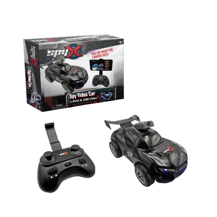 Black Spy Video Car remote control toy set, including the car with mounted camera, a black wireless controller, and the retail packaging box on a white background.