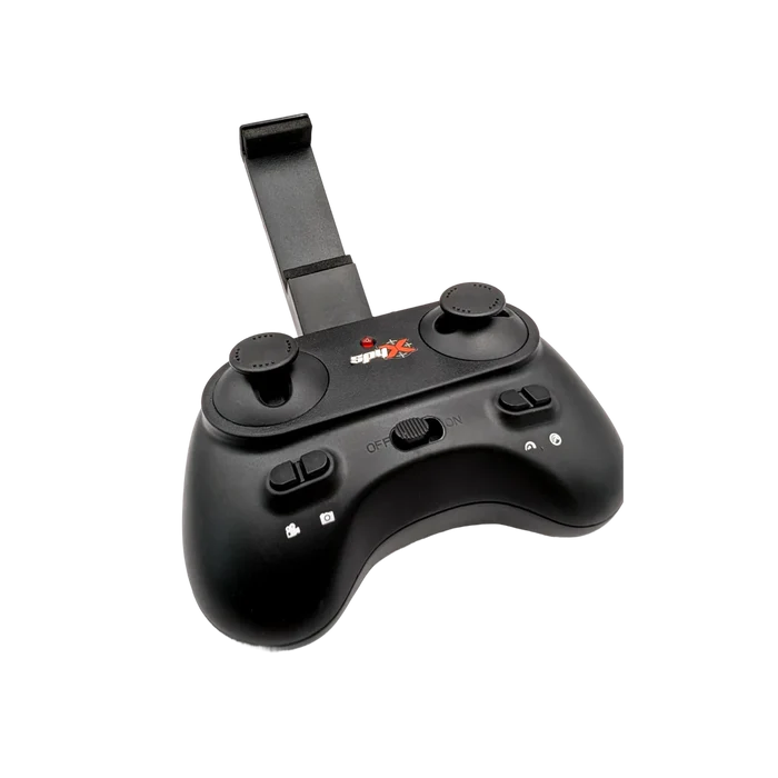 A black wireless RC controller with dual analog sticks, four buttons, and a mounting bracket on top, shown on a plain white background.