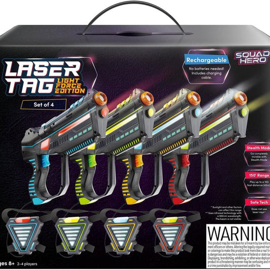 Box of Laser Tag Light Force Edition with four toy guns on a dark background