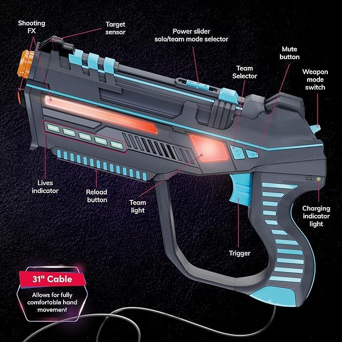 Diagram of a Squad Hero blaster with labeled parts on a dark background