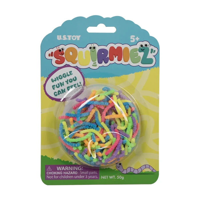 Packaged toy 'Squirmiez' with colorful worms on a white background