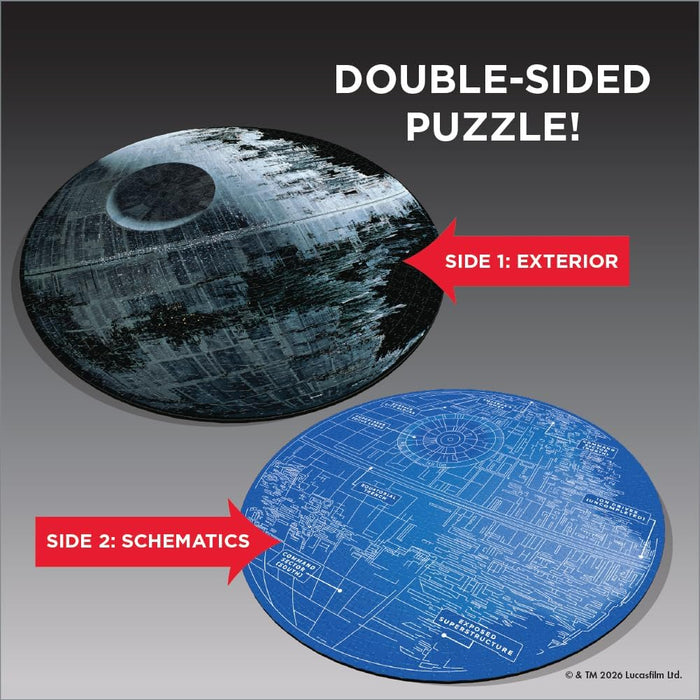 Completed double sided puzzle showing both the exterior, side 1, and schematics, side 2, of the Death Star