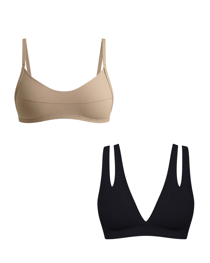 Two wireless bralettes, one in beige and one in black, shown on a plain white background. The black has double shoulder straps, while the beige has slim singular starps.