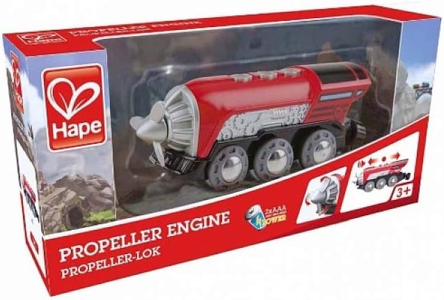Hape toy propeller engine in its packaging with mountain landscape illustration