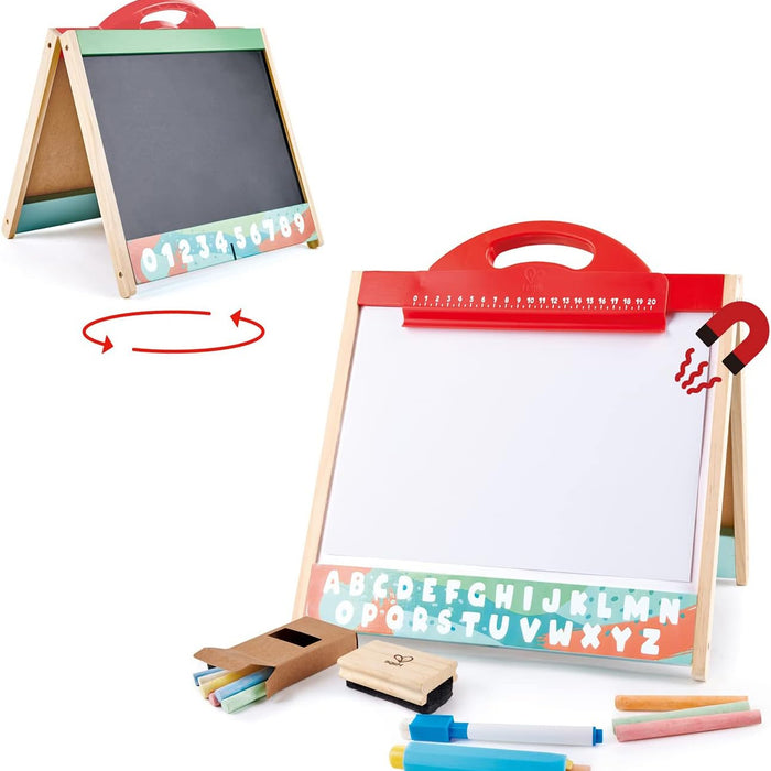 Double-sided board with chalkboard and whiteboard, markers, and eraser on a white background