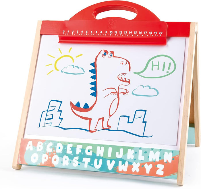Standing Store an Go Easel with a picture of a dinosaur and alphabet letters on a white background