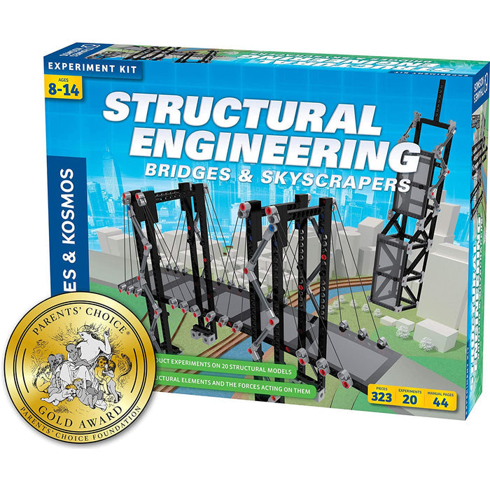 Structural Engineering Bridges & Skyscrapers kit packaging with a gold award badge on a white background
