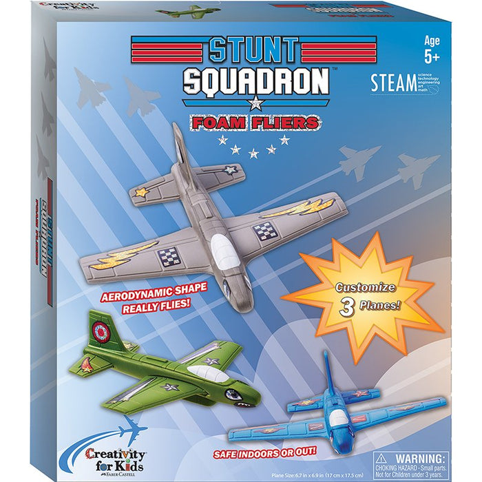 Box of Stunt Squadron Foam Fliers toy set with airplanes on a blue background