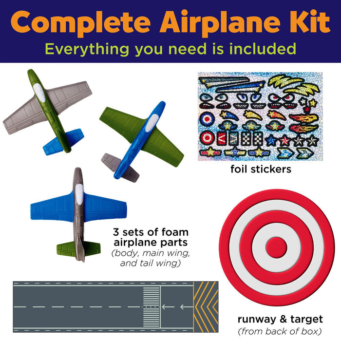 Contents of the Foam Fliers kit on a white and purple  ackground
