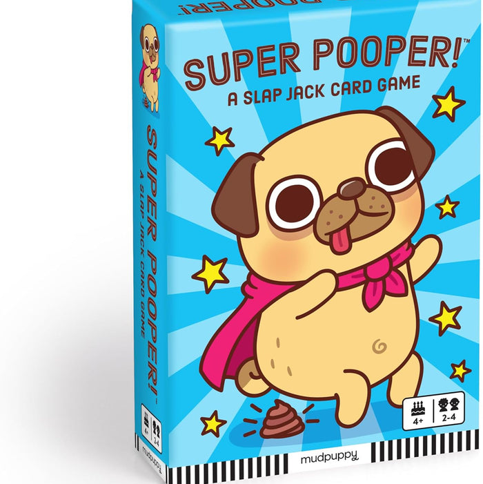 Super Pooper! A slap jack card game box featuring a cartoon tan pug wearing a pink cape and bow tie, with yellow stars and a poop emoji on a bright blue sunburst background. The box is shown at a slight angle on a white background.