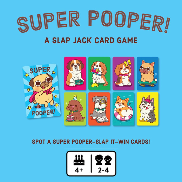 Super Pooper! slap jack card game cover on a bright blue background, showing illustrated dog and cat characters, card examples, and age icons.