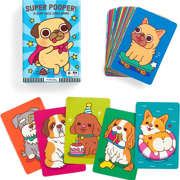 Super Pooper! dog card game set with a colorful box, a fanned deck of cards, and several illustrated dog cards on a white background.