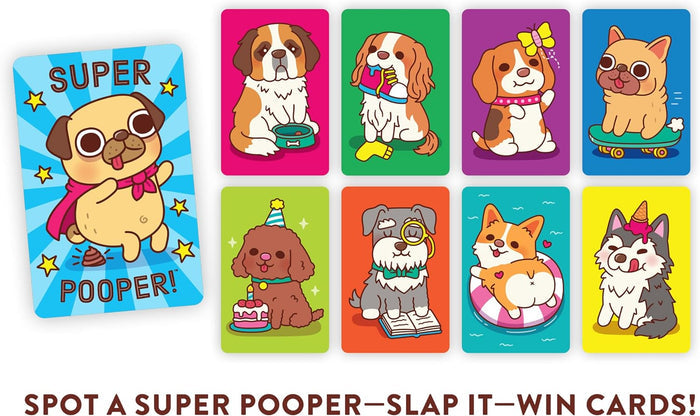 A set of colorful dog-themed cards shown on a white background, with one card on the left reading 'SUPER POOPER!' and seven smaller cards on the right featuring different cartoon dogs on bright colored backgrounds. Text at the bottom says 'SPOT A SUPER POOPER—SLAP IT—WIN CARDS!'.