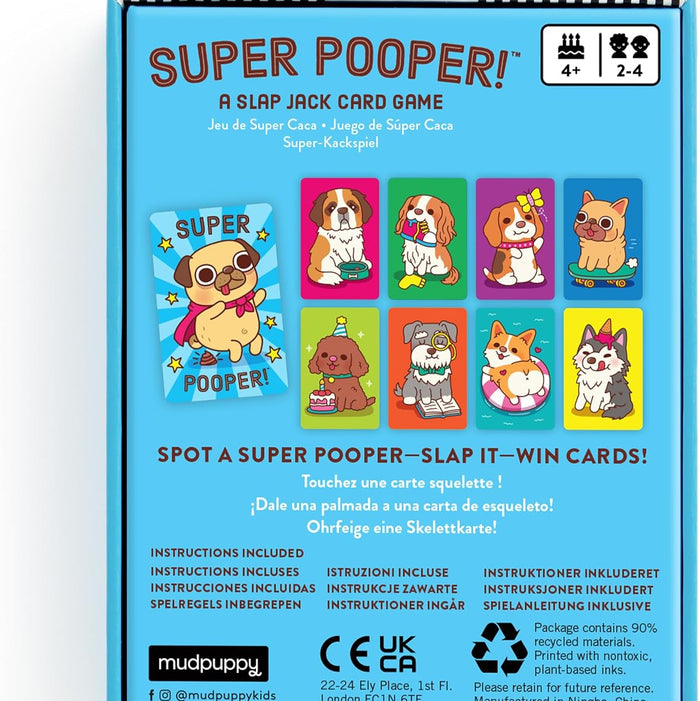 Back of a Super Pooper! Slap Jack card game box, showing product title, age icons, character illustrations, instructions, and a barcode on a white background.