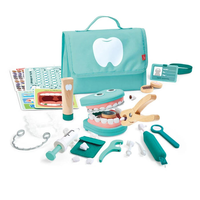 Hape toy dental set with a teal case on a white background.
