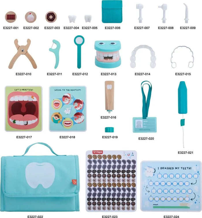 Contents of the Hape toy dental set on a white background.