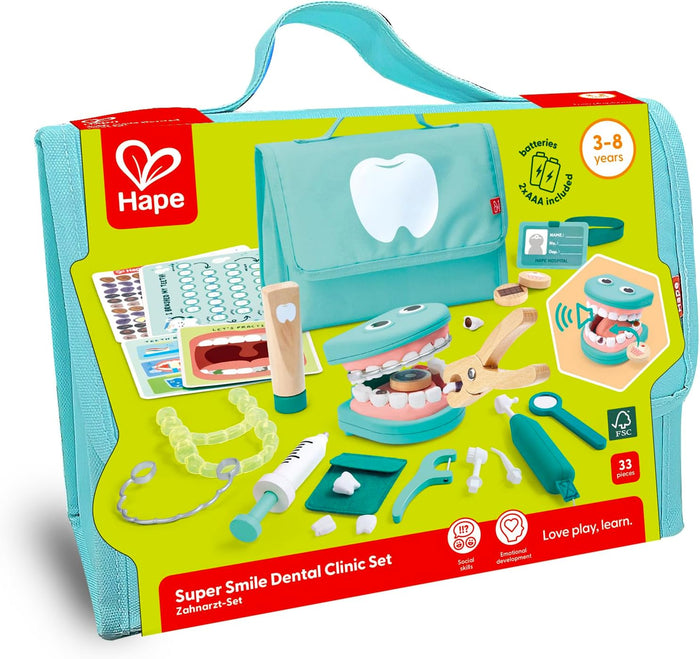 Hape toy dental set packaging with a teal case on a white background