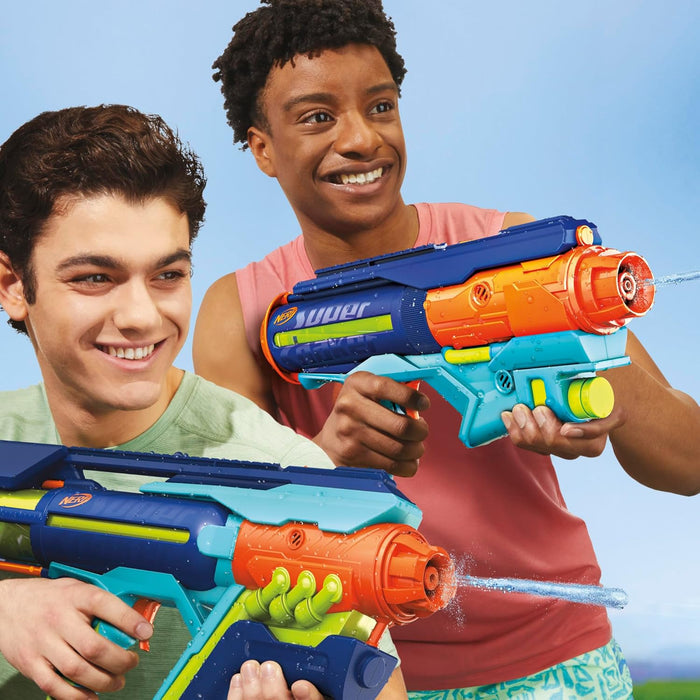 Two boys holding Super Soaker water blasters against a lite blue background
