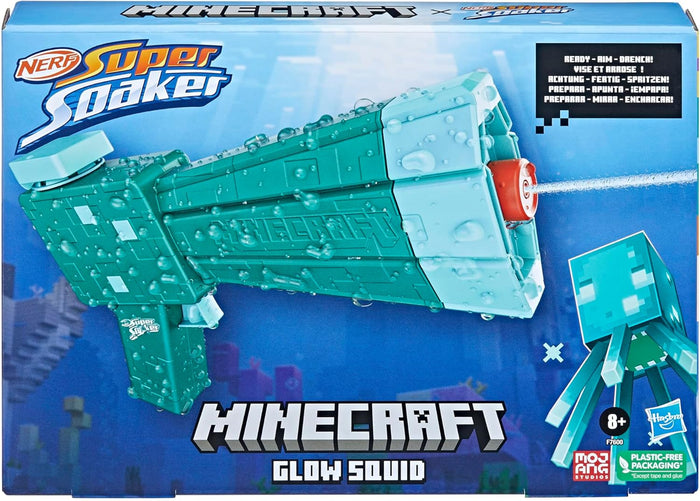 Minecraft Glow Squid toy packaging with NERF Super Soaker branding on a blue background.