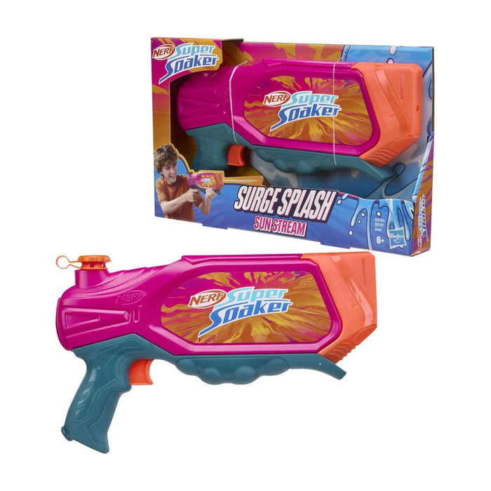 Nerf Super Soaker toy gun with pink and orange design, alongside its packaging.