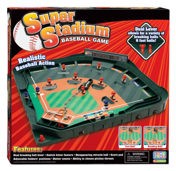 Super Stadium Baseball Game board with figures and accessories displayed, packaged in a box with product information.
