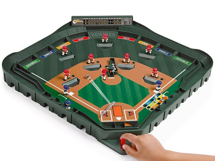 Baseball-themed board game with player figures and a hand interacting with it.