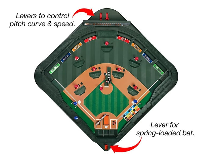 Baseball field model with levers to control pitch curve and speed.