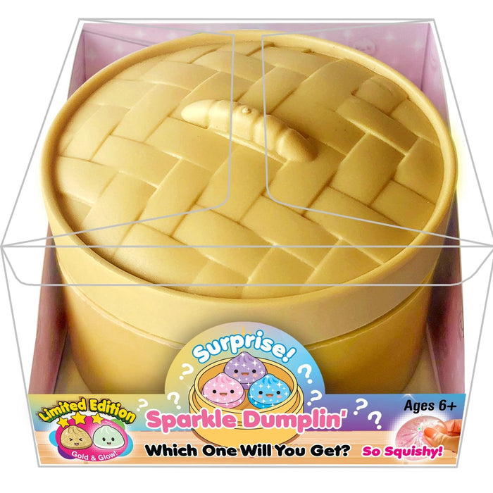 Yellow toy dumpling in a packaging box with colorful branding and text.