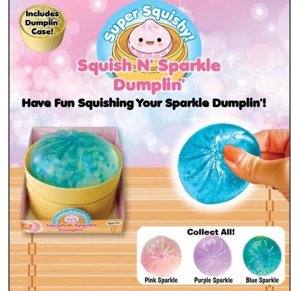 Super Squishy Squish N' Sparkle Dumplin toy packaging with a dumplin being squished and color options displayed.