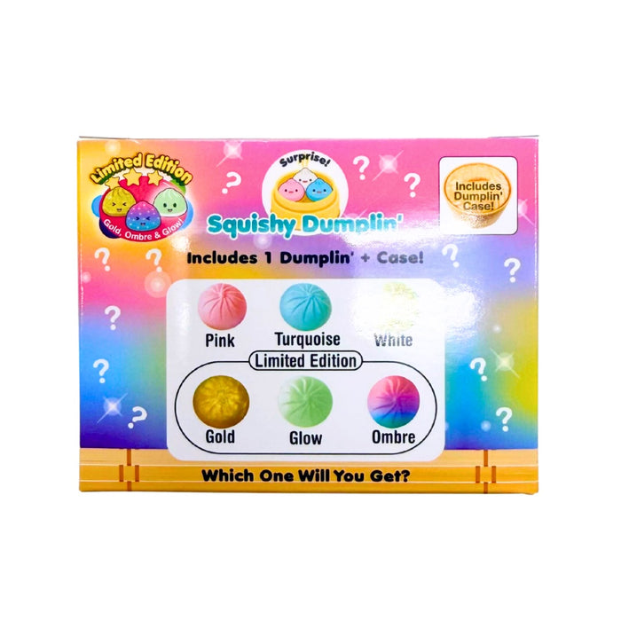 Squishy Dumplin' Limited Edition toy box showing a mystery single dumpling color choice with pink, turquoise, white, gold, glow, and ombre options.