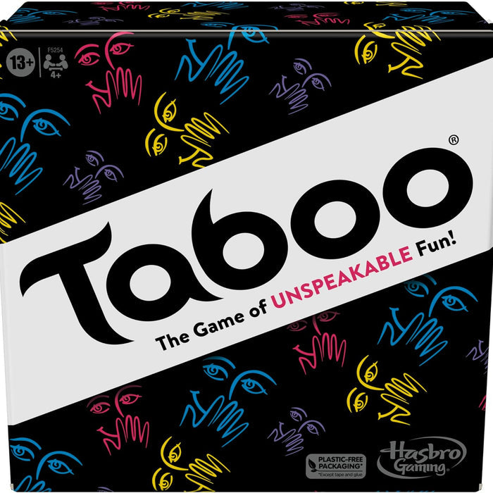The game box for 'Taboo' by Hasbro Gaming, featuring a black background decorated with colorful hand-drawn eyes and faces, a bold white diagonal band with the black 'Taboo' logo, and the tagline 'The Game of UNSPEAKABLE Fun!'.