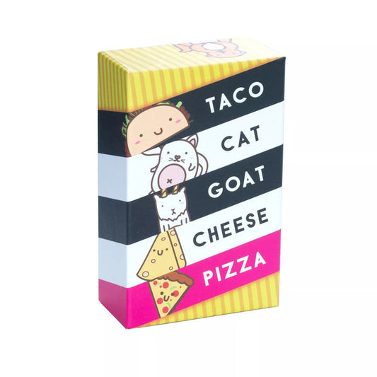 Box of 'Taco Cat Goat Cheese Pizza' with cartoon characters on a white background
