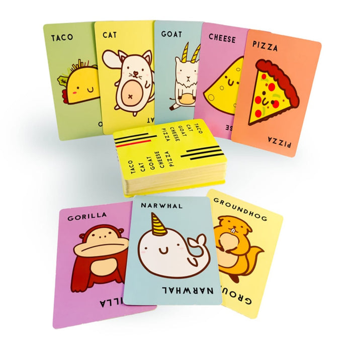 Playing cards from Taco Cat Goat Cheese Pizza displayed on a white background