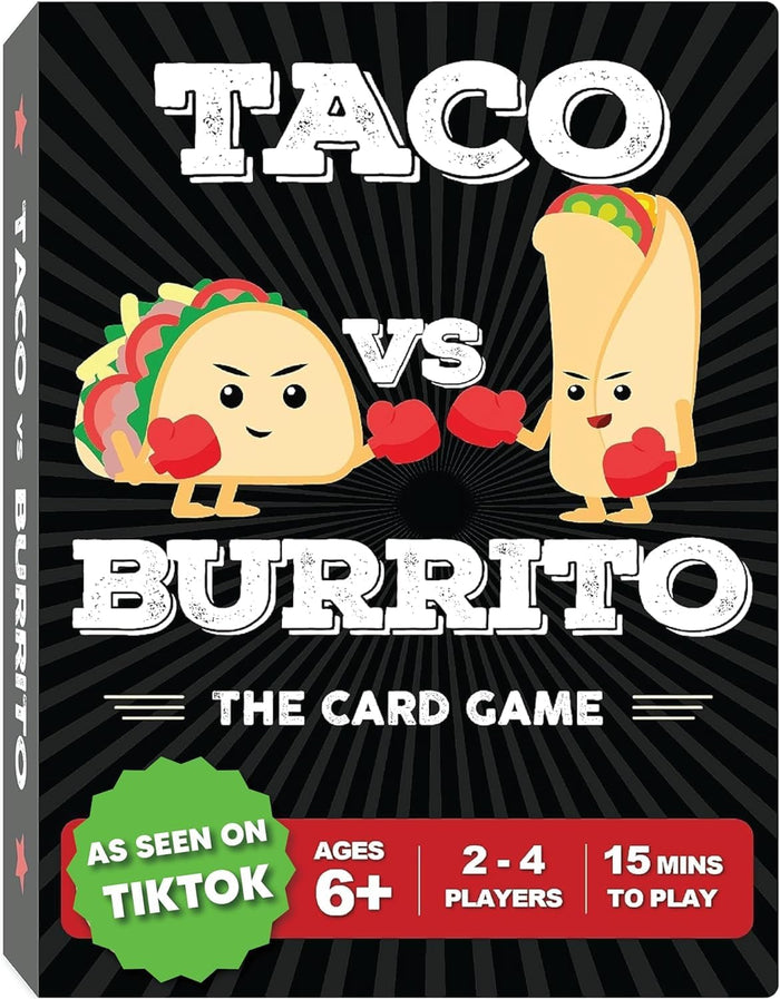Card game box for 'Taco vs Burrito' with cartoon tacos and burrito on a black background.