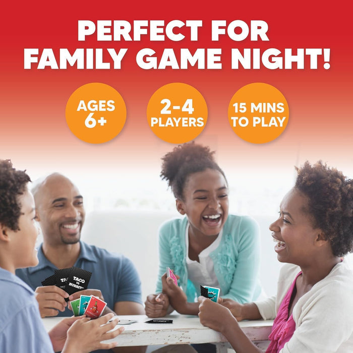 Family playing a game together with text indicating it's perfect for family game night.
