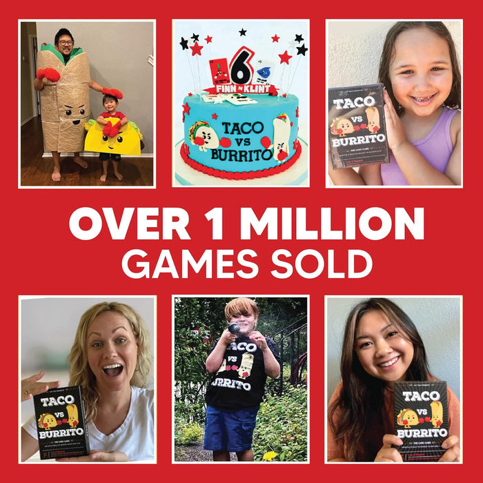 Collage of people holding 'Taco vs Burrito' books with a red background and text about sales.