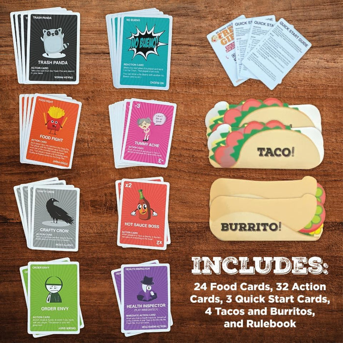 Collection of food-themed cards and tacos/burritos on a wooden surface with text detailing included items.