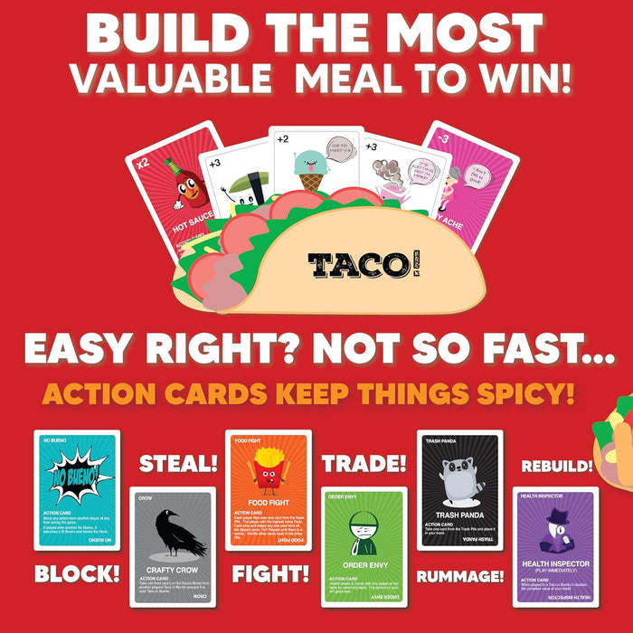 Promotional graphic for a Taco-themed card game with action cards on a red background