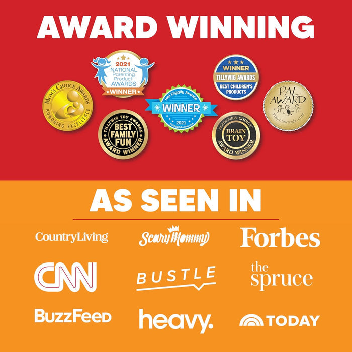 Collection of awards and accolades on a red and orange background with media outlet logos.