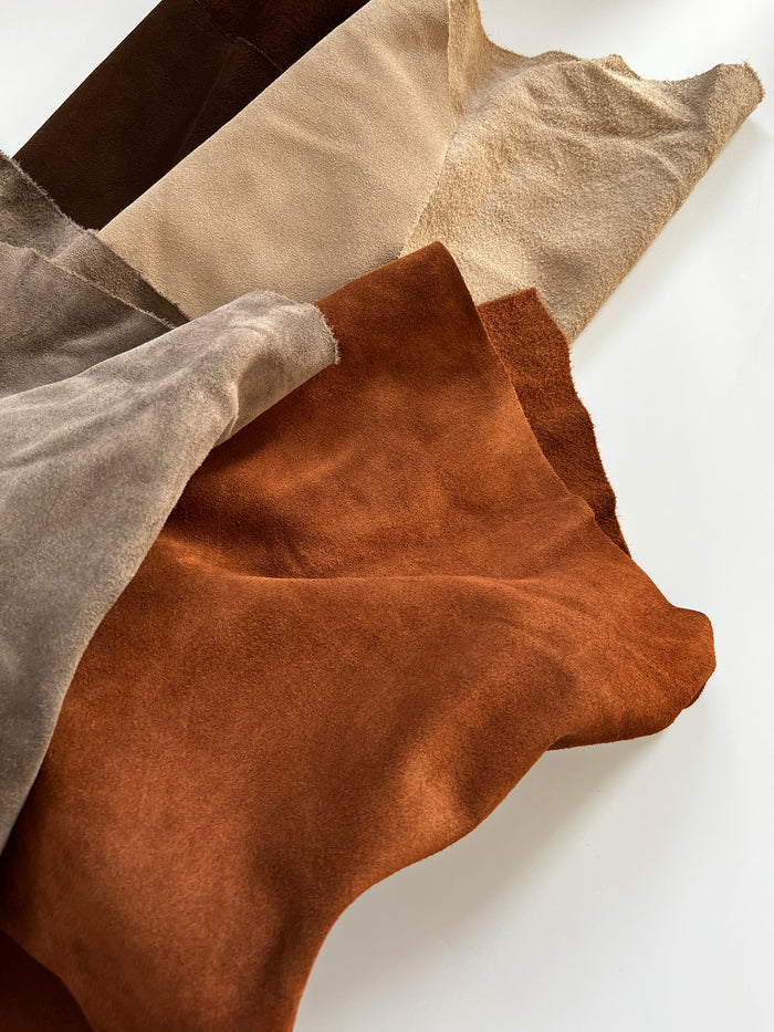 Tan Cow Suede shown to display leather shape and cutting area