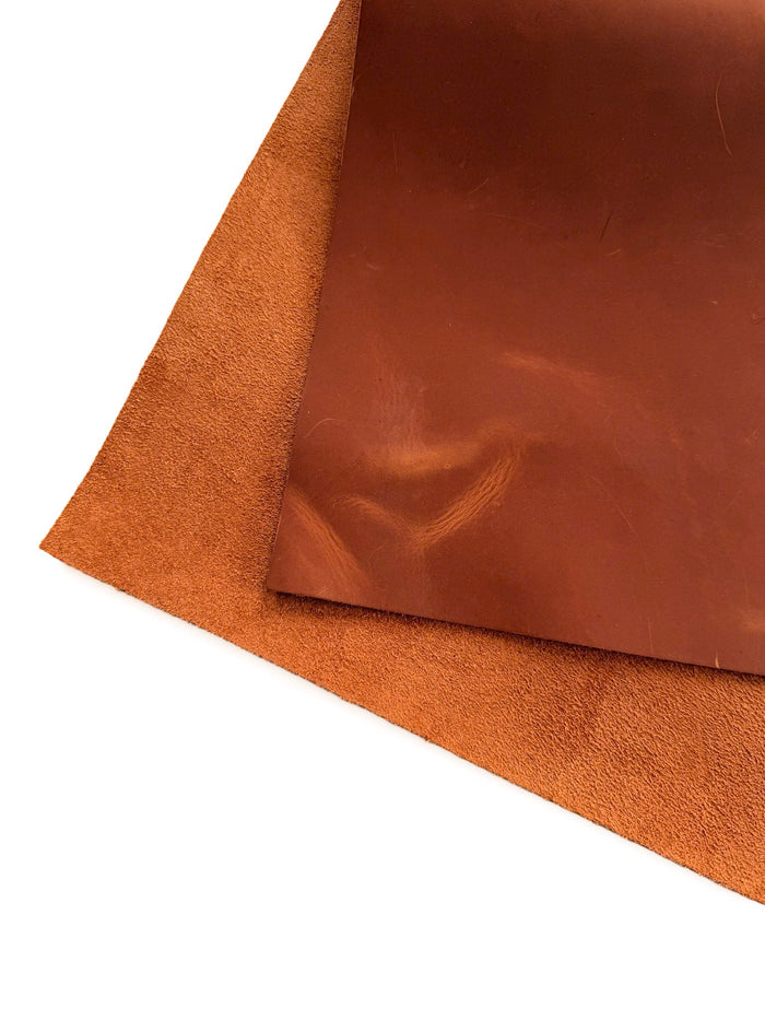 Front and suede back of tan Crazy Horse cowhide 12 x 24 pre-cut leather sheet