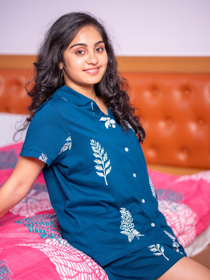 Teal Blue Print Shorts Set